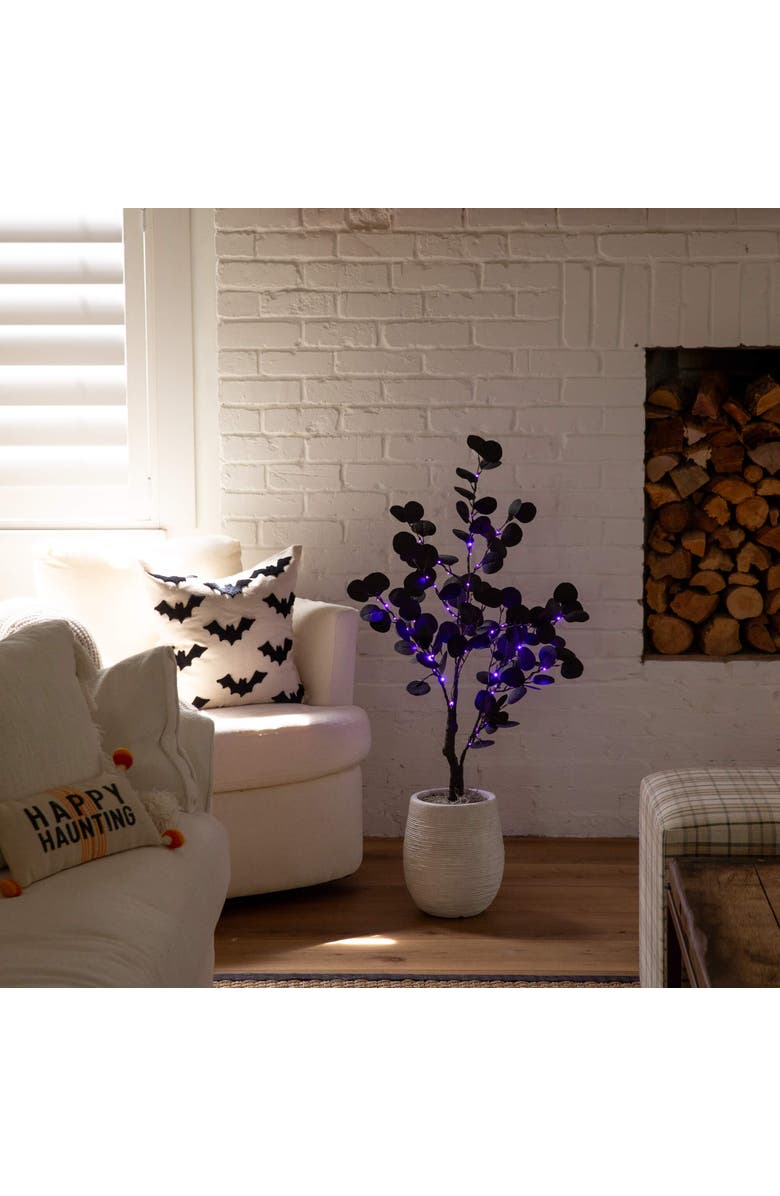 NEARLY NATURAL 3-ft Pre-Lit Artificial Halloween Black Eucalyptus Tree with 80 Orange & Purple LED Lights, Alternate, color, Black