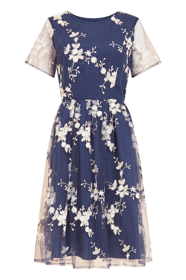 Embroidered Floral Skater Dress, Alternate, color, Navy