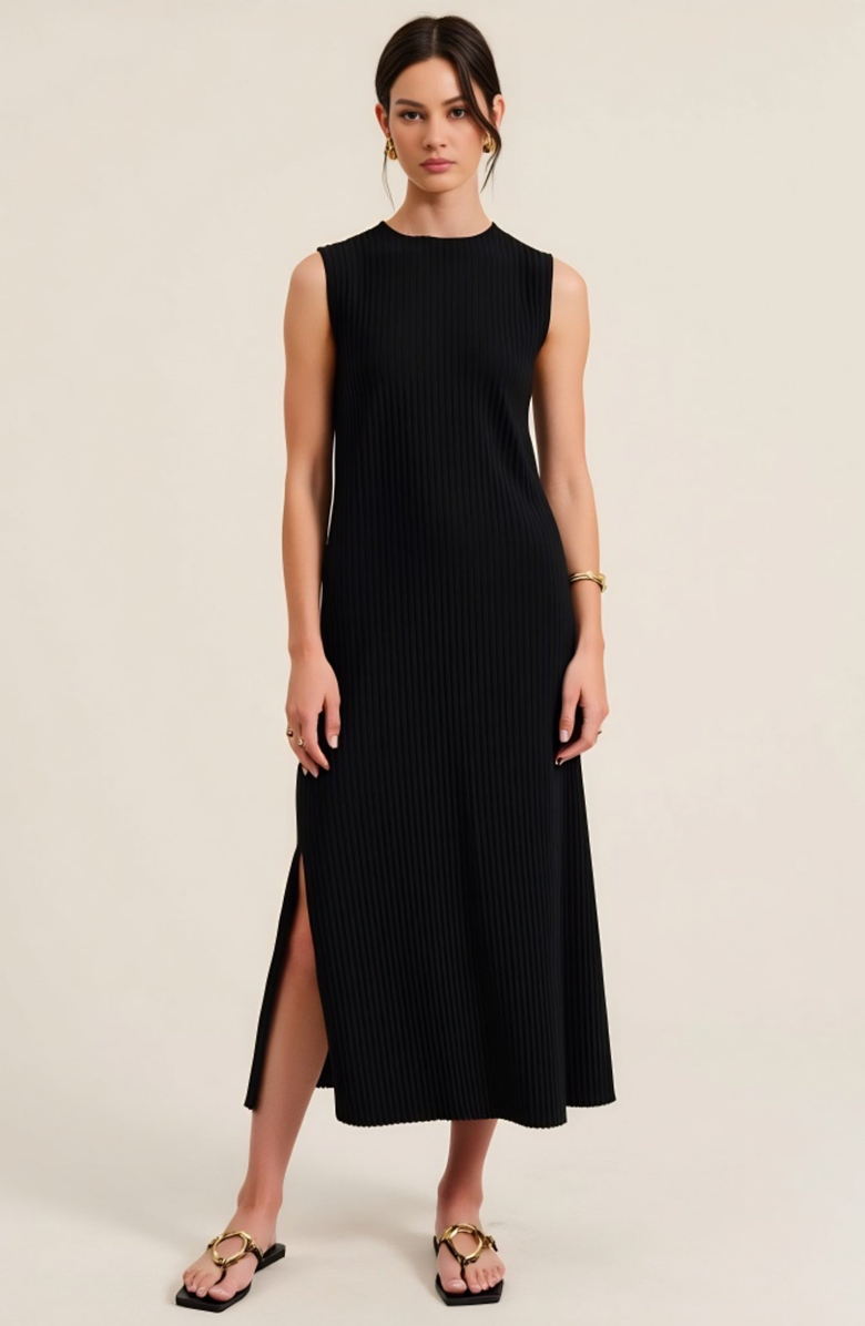Modenaire Sleeveless Ribbed Knit Midi Dress with Side Slit and High Neckline, Main, color, Black