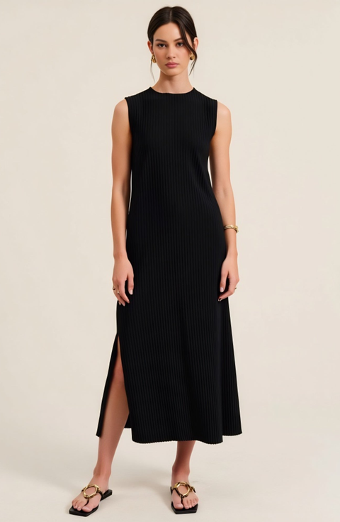 Sleeveless Ribbed Knit Midi Dress with Side Slit and High Neckline
