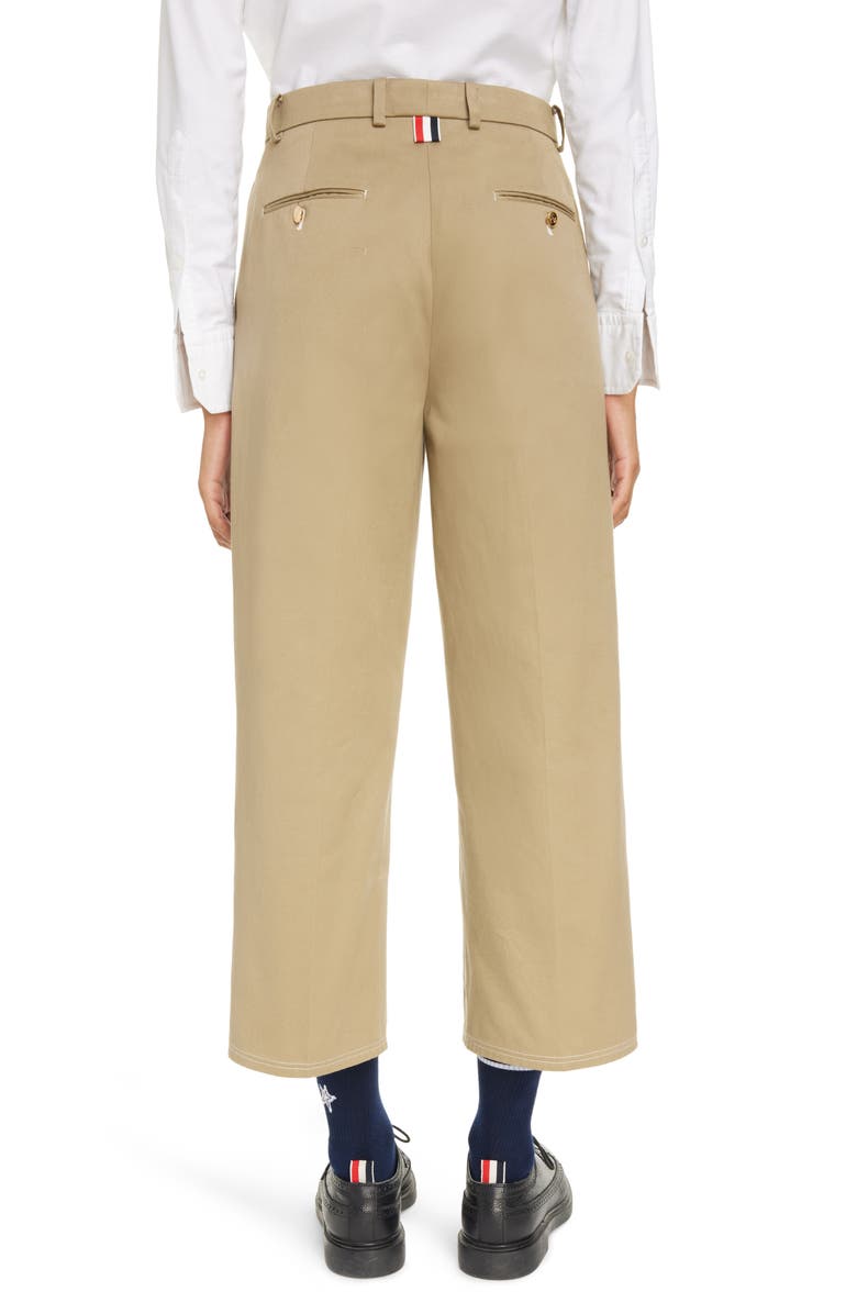 Thom Browne Relaxed Fit Pleated Crop Straight Leg Cotton Trousers, Alternate, color, Camel