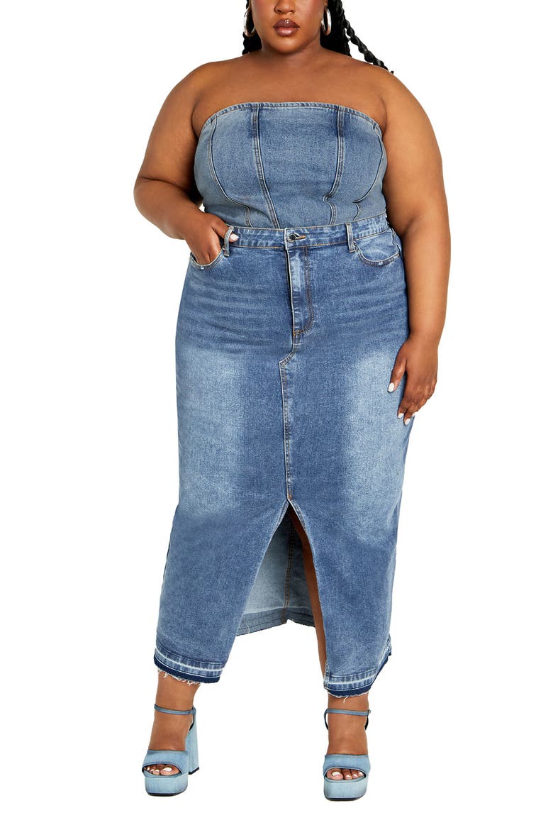 Hallie Raw Hem Denim Pencil Skirt, Alternate, color, LIGHT DENIM
