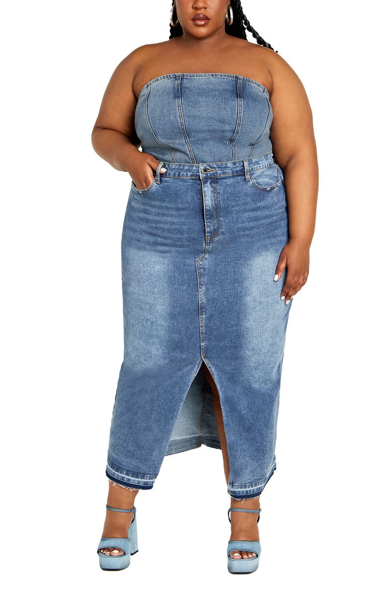 City Chic Hallie Raw Hem Denim Pencil Skirt, Alternate, color,