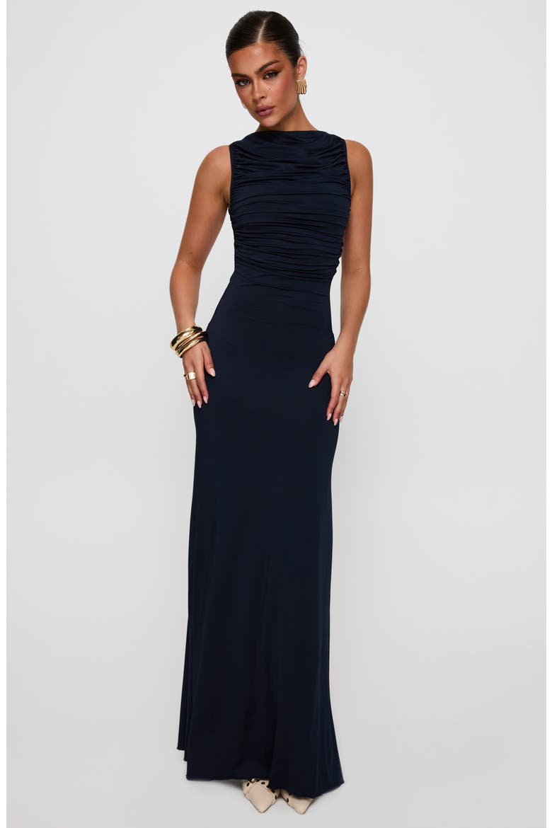 Undeniable Ruched Back Cutout Sheath Gown, Alternate, color, NAVY