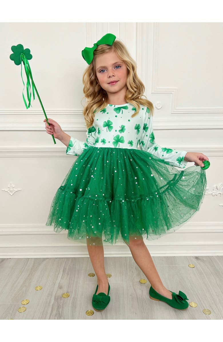 Mia Belle Girls My Lucky Girl Clover Print Tutu Dress, Alternate, color, Green