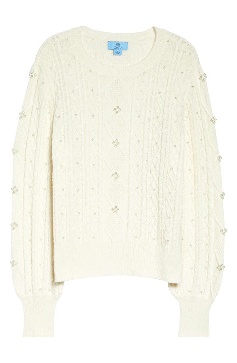 CeCe Imitation Pearl Cable Sweater, Alternate, color,