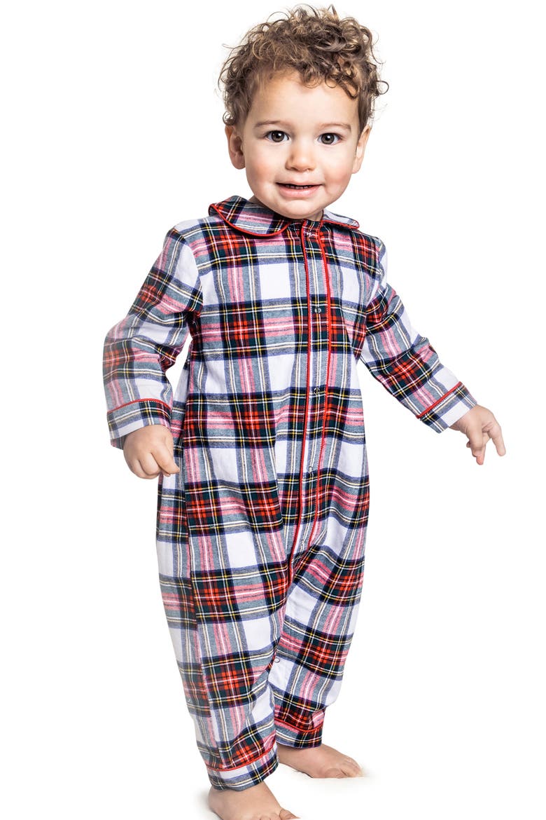 Cambridge Balmoral Tartan Plaid Cotton Blend One-Piece Pajamas, Alternate, color, WHITE