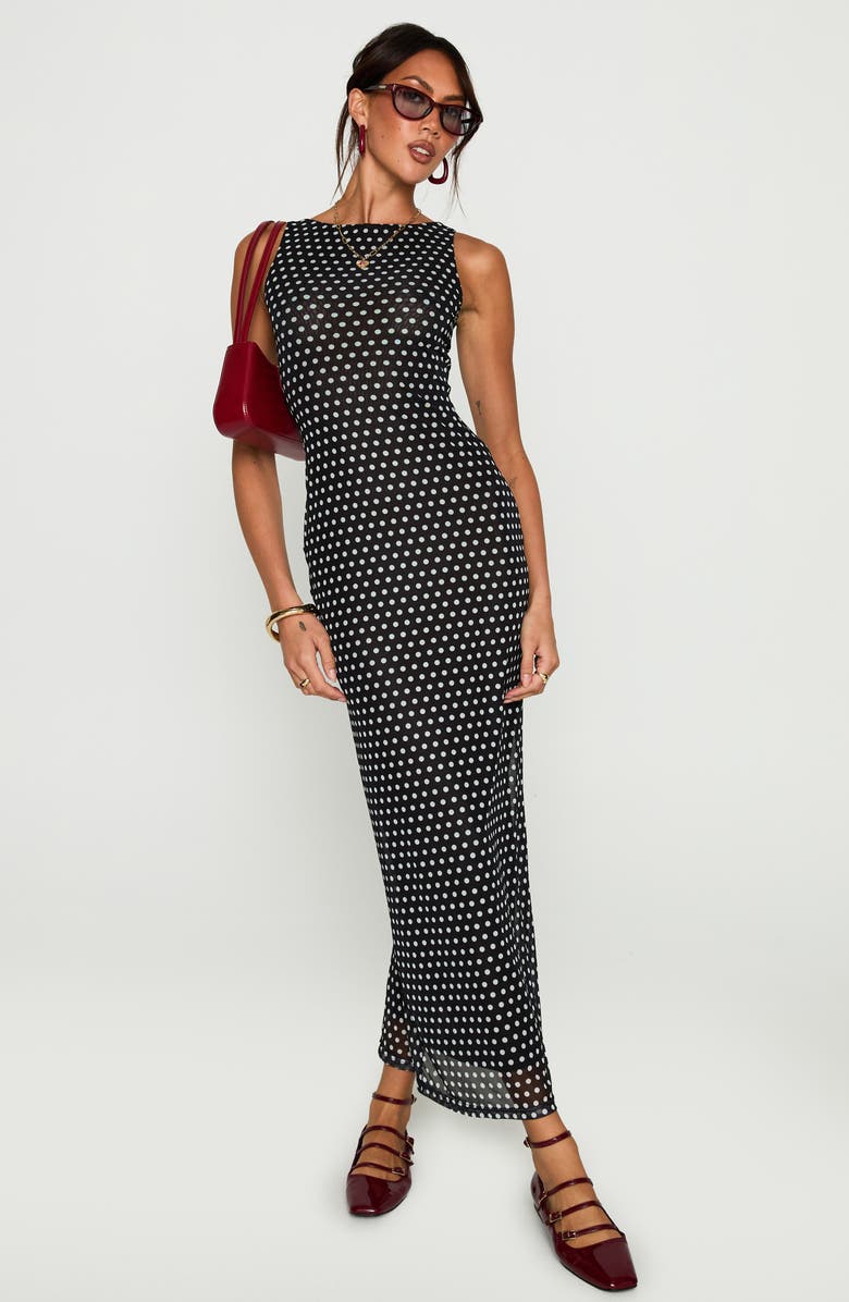 Princess Polly Top of Mind Polka Dot Mesh Maxi Dress, Alternate, color, Black