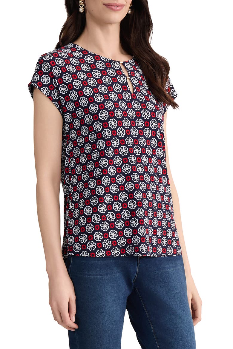 Printed Keyhole Crepe Knit Top, Alternate, color, PACIFIC NAVY MULTI