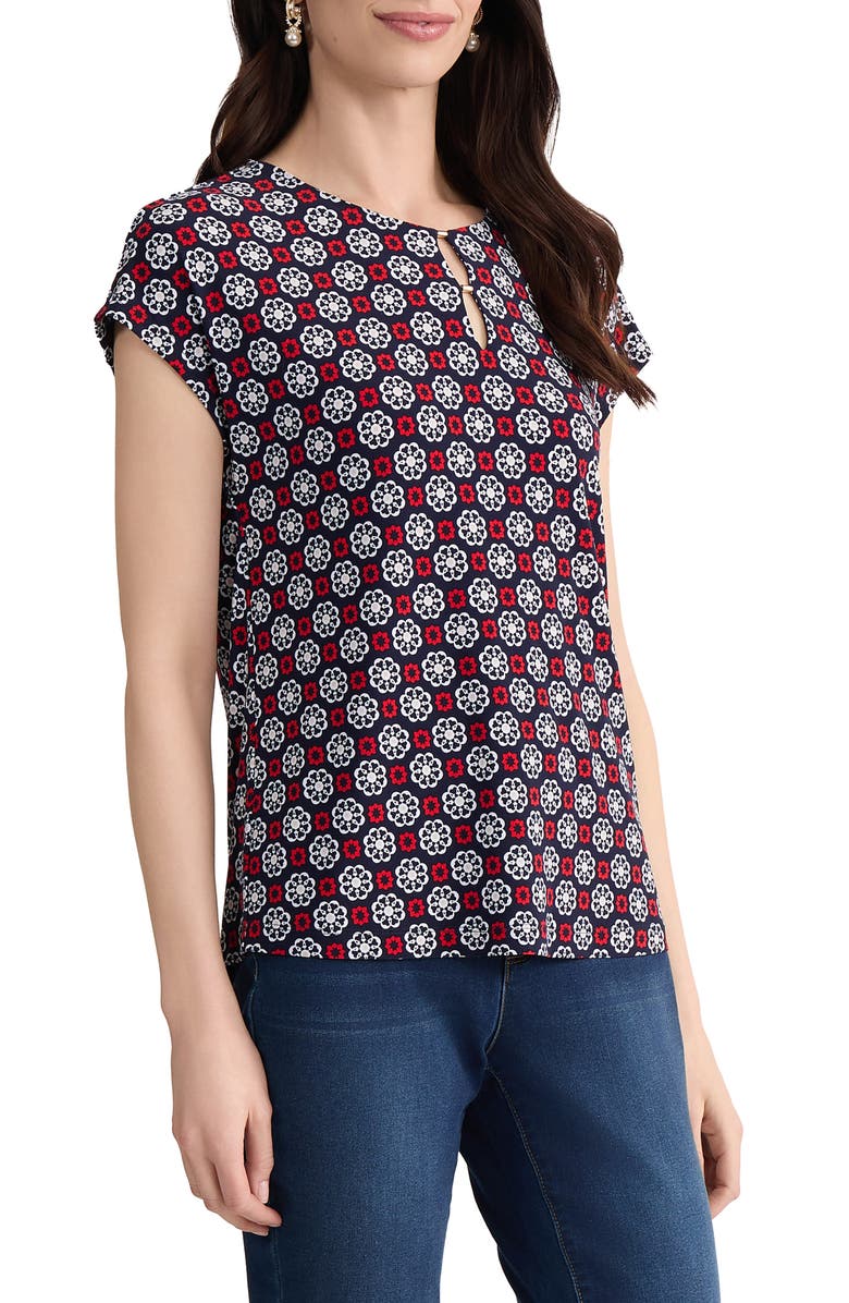 Jones New York Printed Keyhole Crepe Knit Top, Alternate, color, Pacific Navy Multi