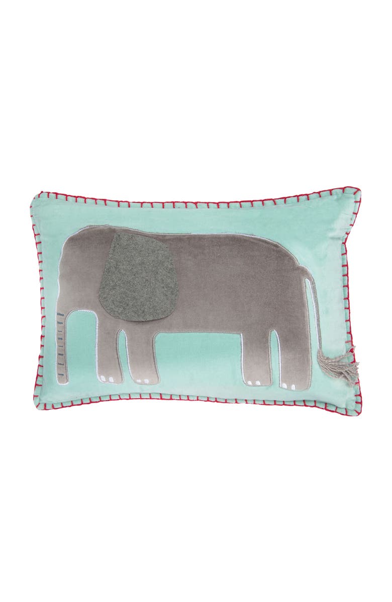 Storied Home Blue Cotton Velvet Embroidered & Appliqued Elephant Pillow, Main, color, Blue