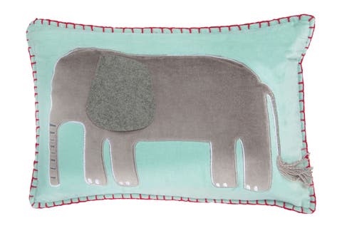 Blue Cotton Velvet Embroidered & Appliqued Elephant Pillow