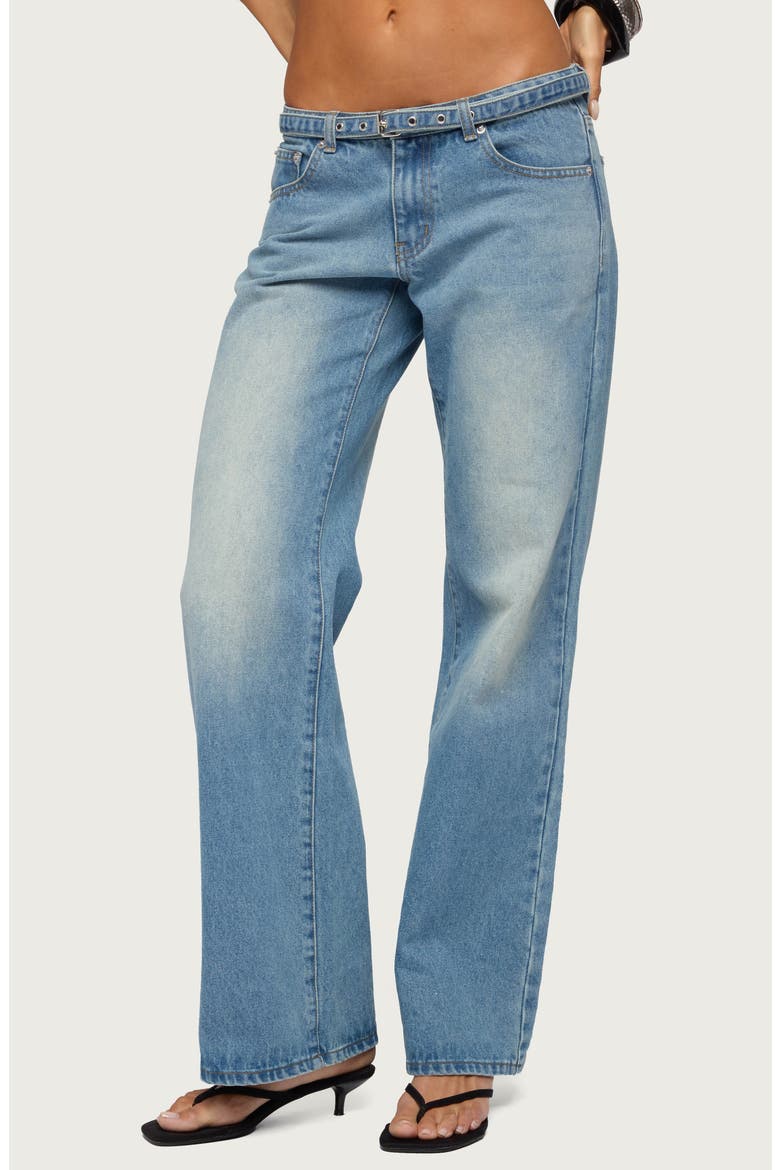 Karah Belted Low Rise Straight Leg Jeans, Main, color, BLUE-WASHED