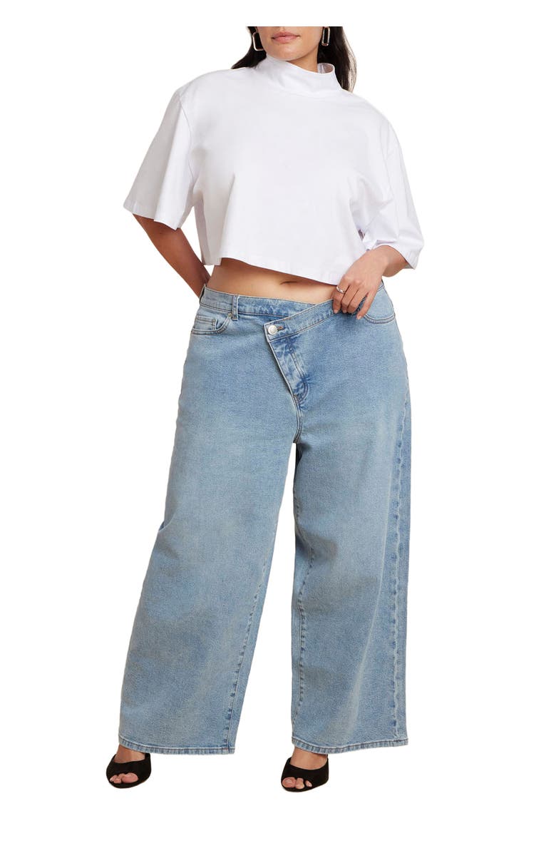 ELOQUII Overlap Waist Wide Leg Jeans, Main, color, Light Wash
