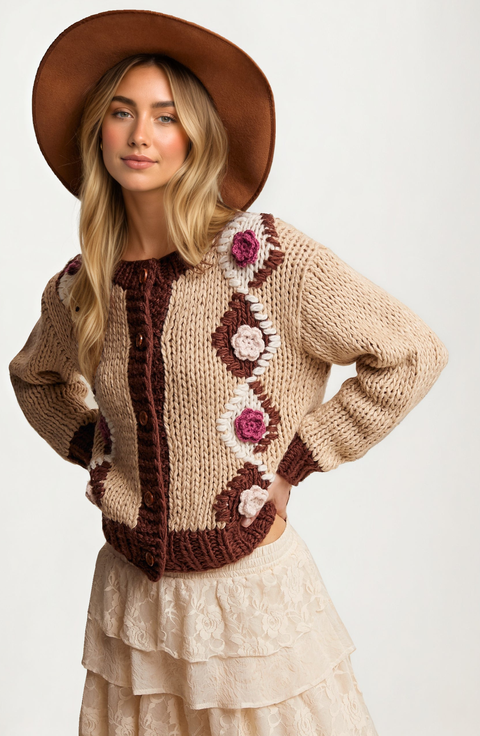 Chunky Floral Crochet Knit Cardigan