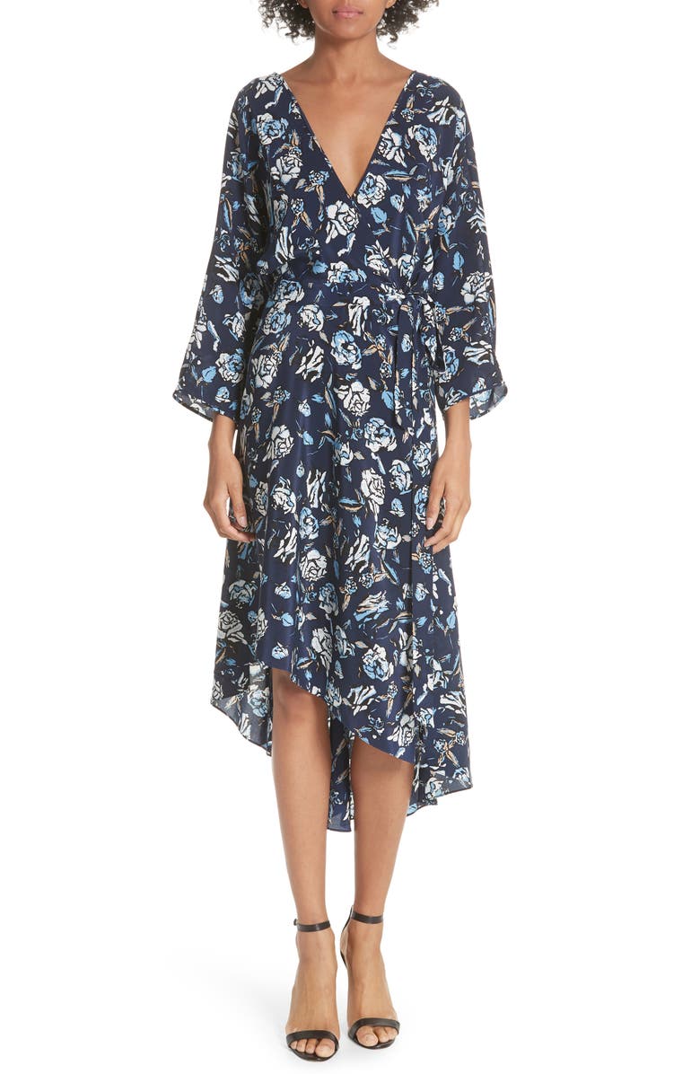 DVF Silk Asymmetrical Ruffle Hem Dress, Main, color,