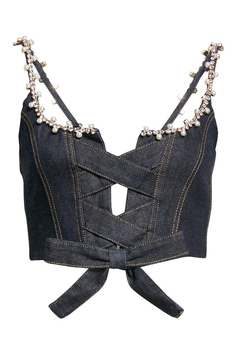 Crystal & Imitation Pearl Trim Denim Corset Top, Alternate, color, INDIGO