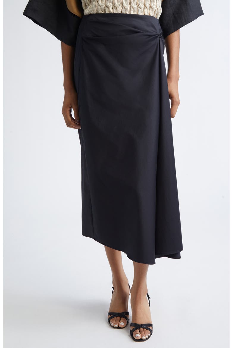 Paggi Asymmetrical Stretch Sateen Midi Skirt, Main, color, BLACK