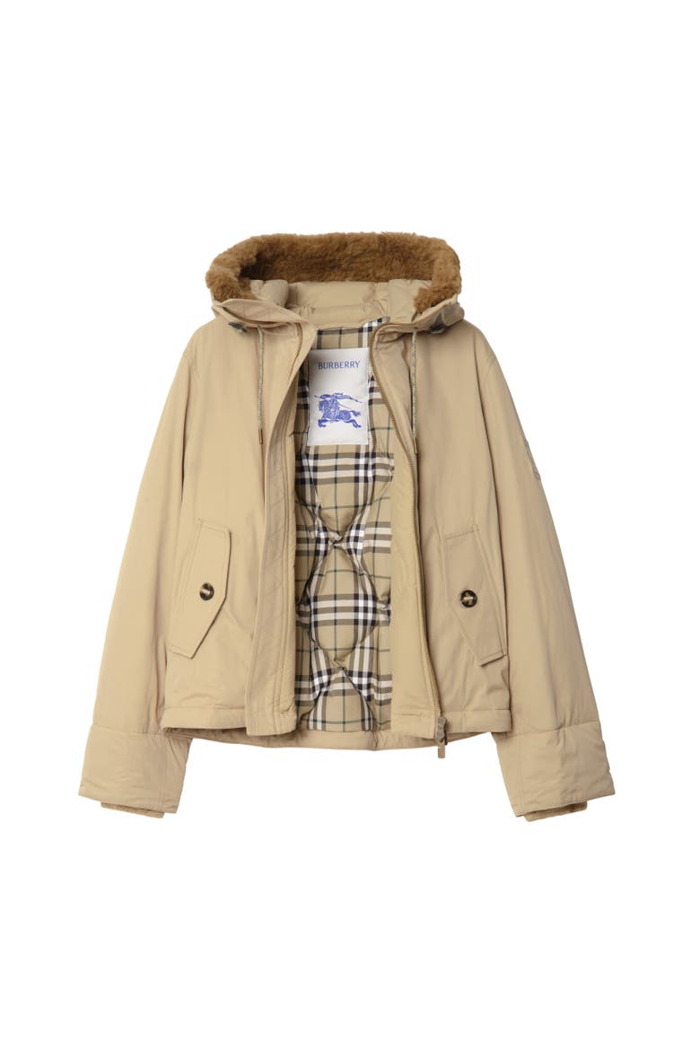 Shearling Trim Gabardine Hooded Jacket, Alternate, color, Hamper beige