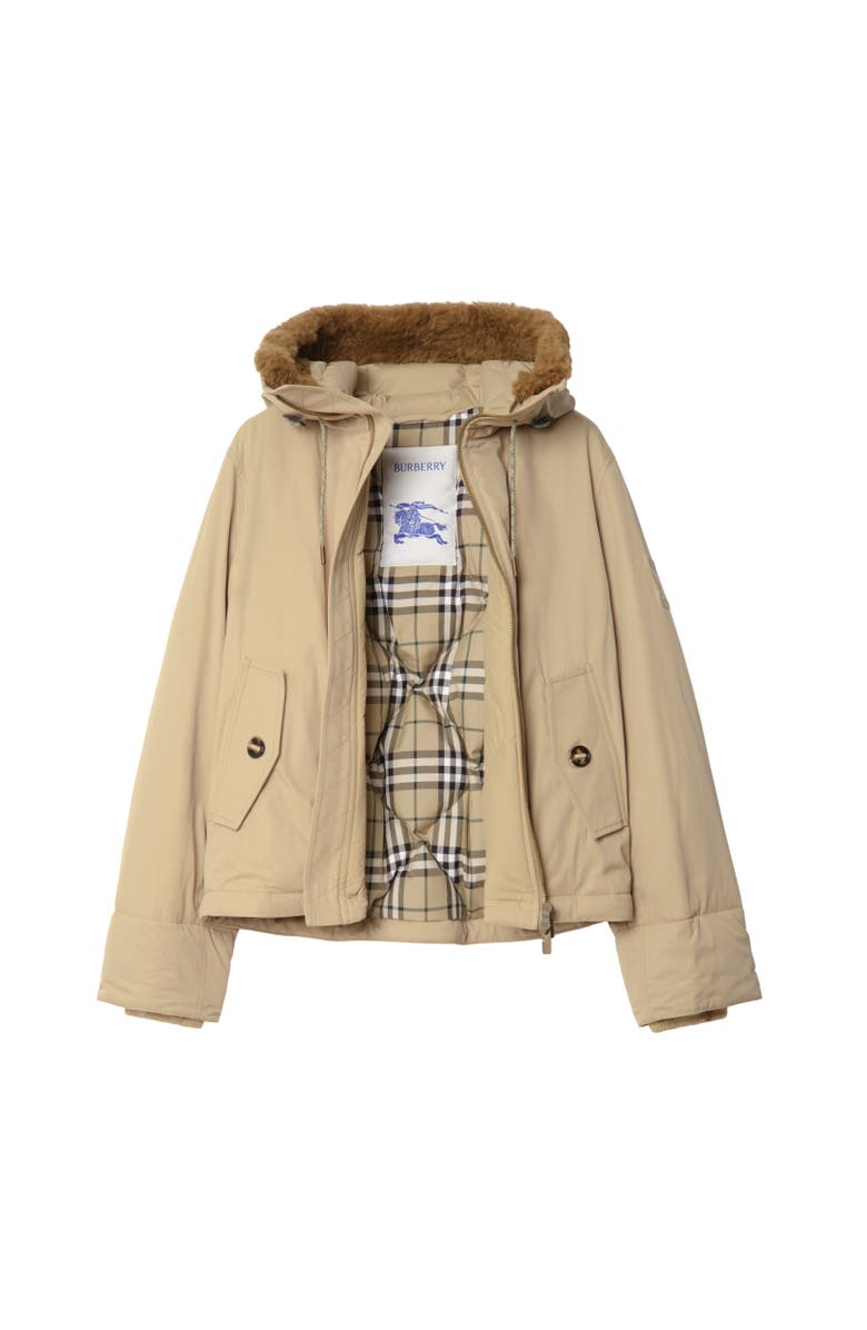 Burberry Shearling Trim Gabardine Hooded Jacket, Alternate, color, Hamper Beige