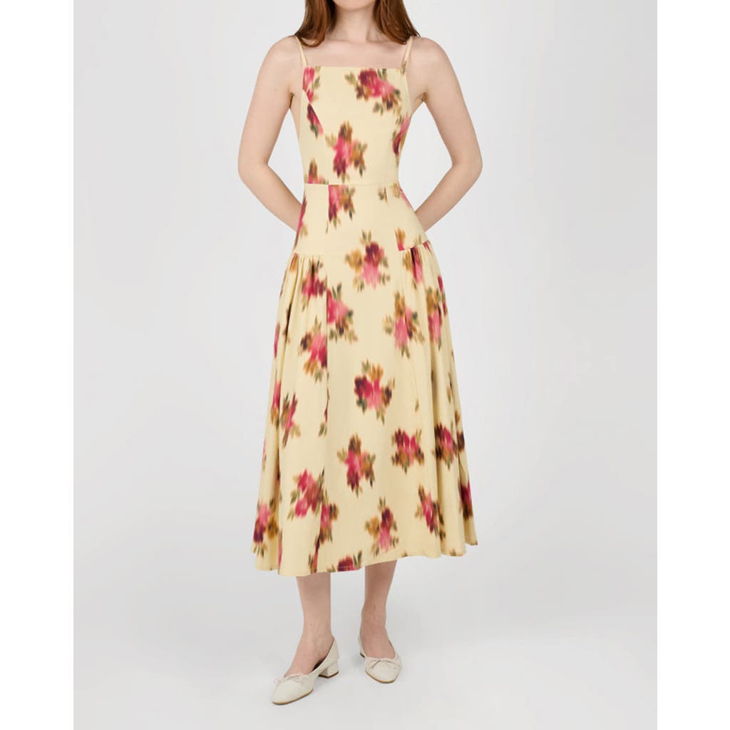Weworewhat Blurred Floral Flare Panel Midi Dress In Yellow