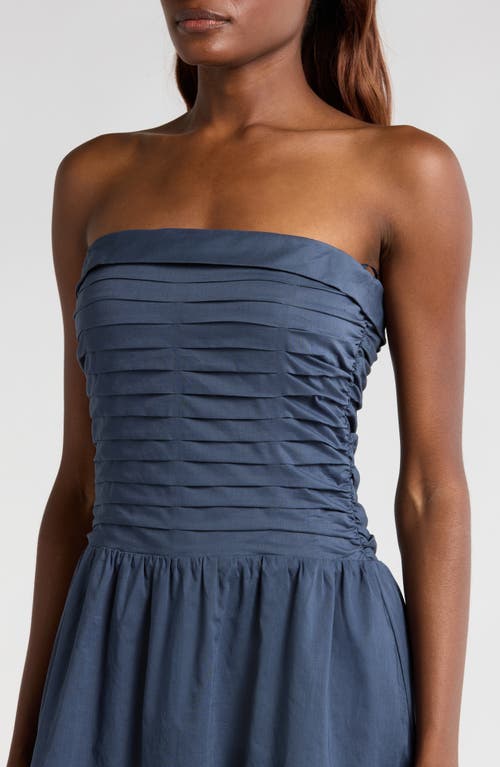 Wayf Olivia Pleated Bodice Convertible Strapless Cotton Midi Dress In Stone Blue