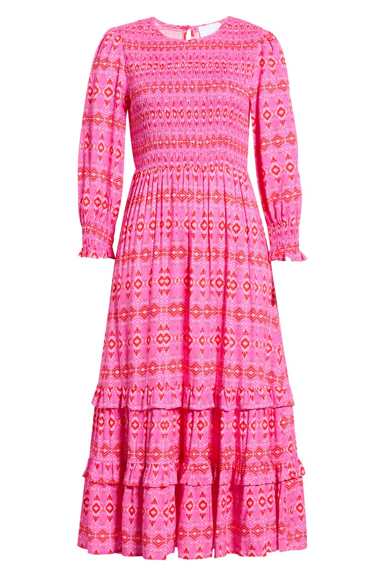 Mirany Ikat Ludlow Smocked Midi Dress, Alternate, color, FUCHSIA/RED