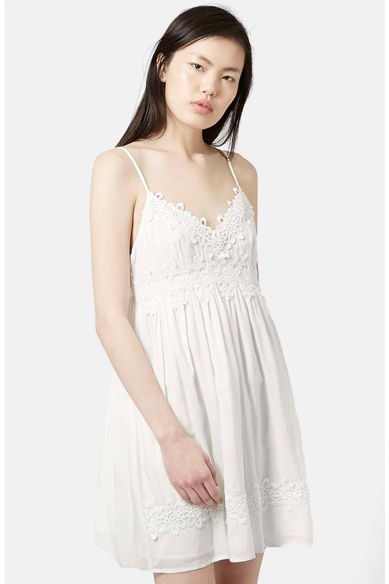 Strappy Appliqué Babydoll Dress, Main, color, WHITE