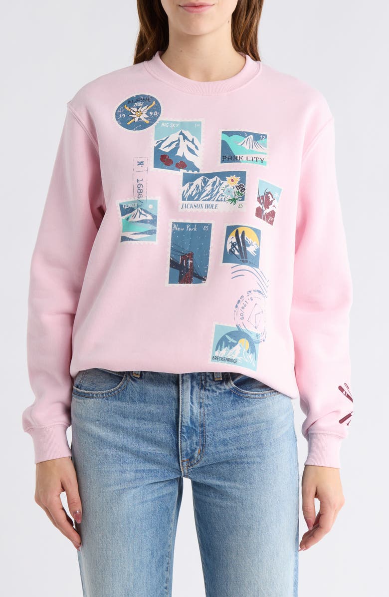 Vinyl Icons Ski Stanos Fleece Crewneck Sweatshirt, Main, color, Pink
