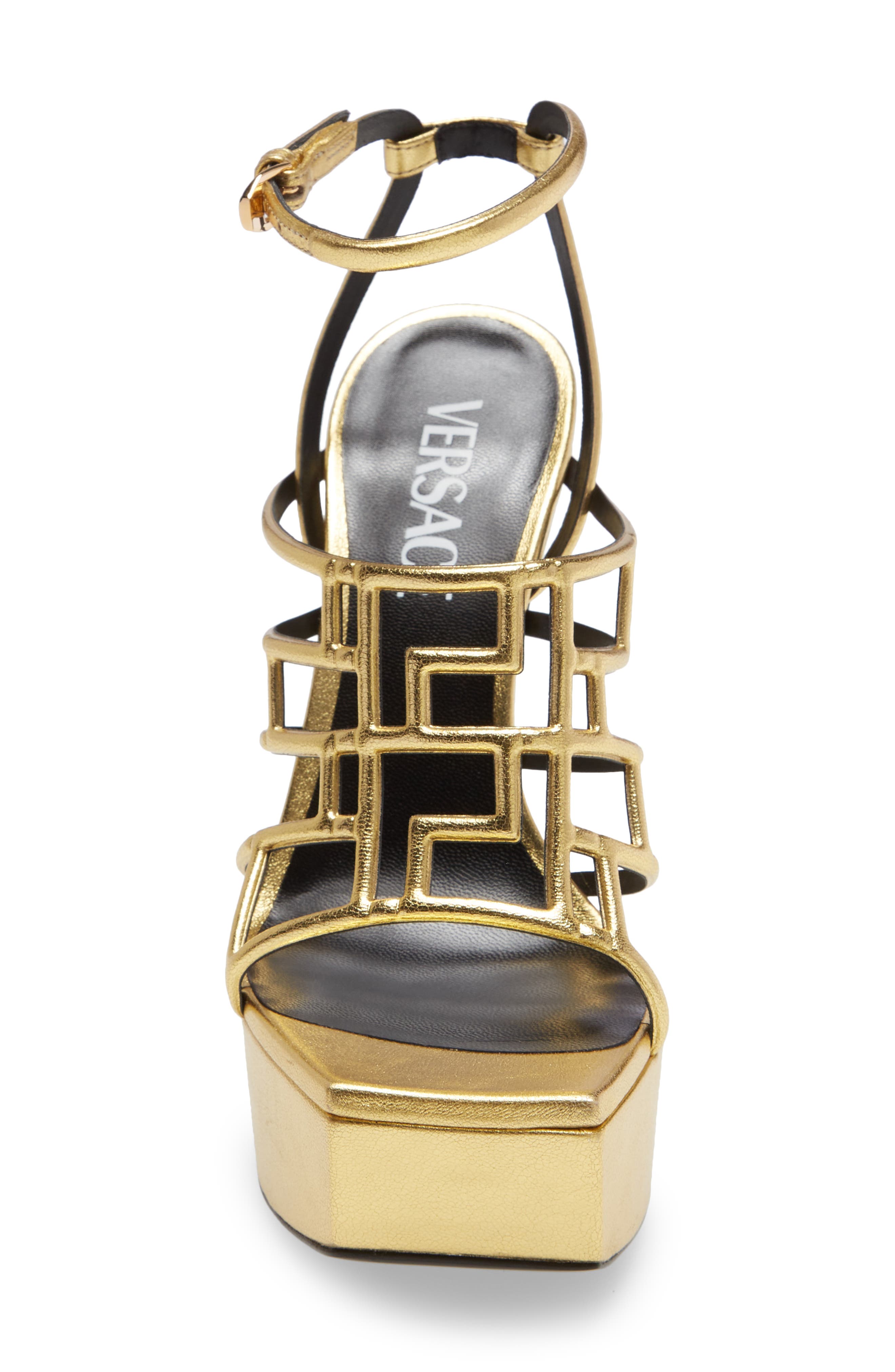 Versace Greek Key Cage Sandal, Alternate, color, 
