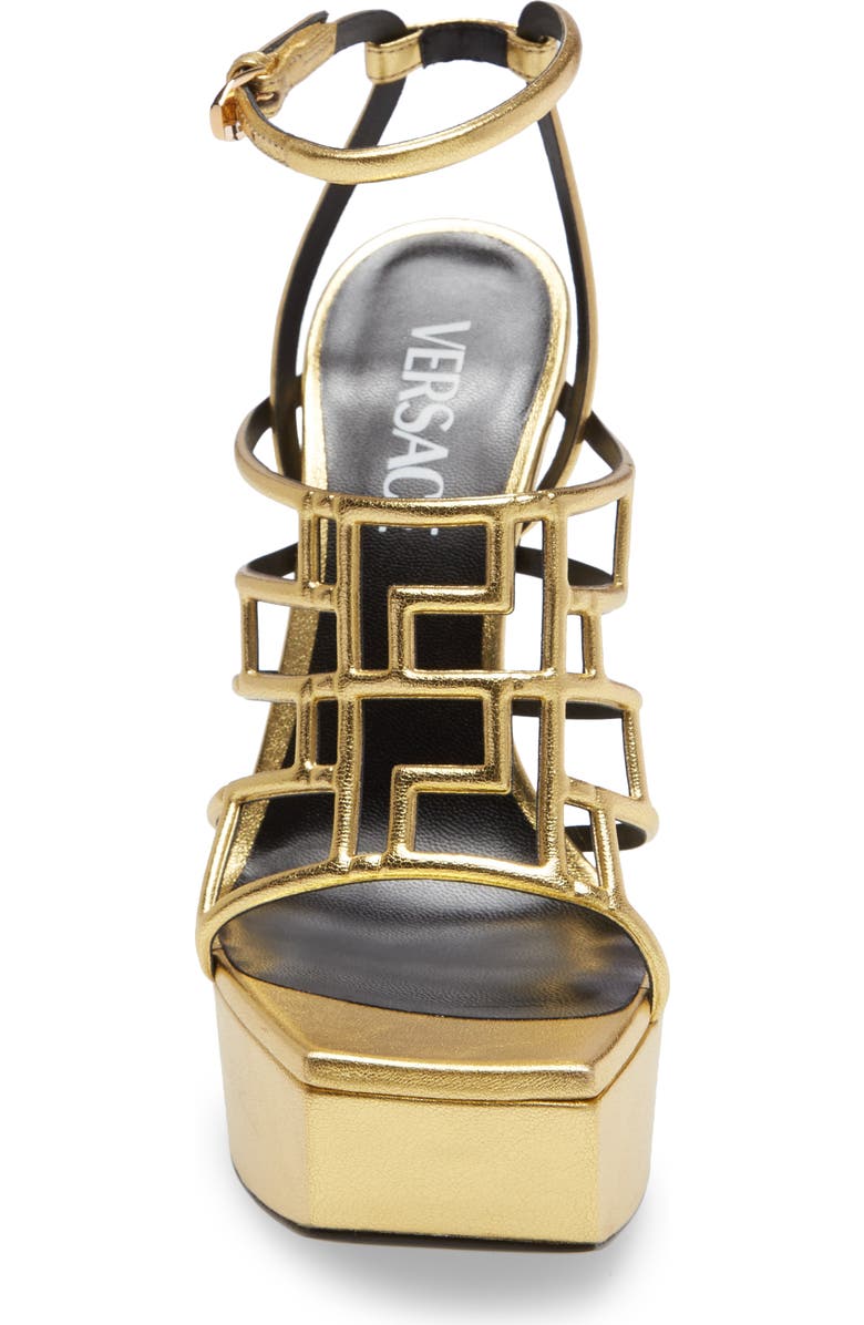 Versace Greek Key Cage Sandal, Alternate, color,
