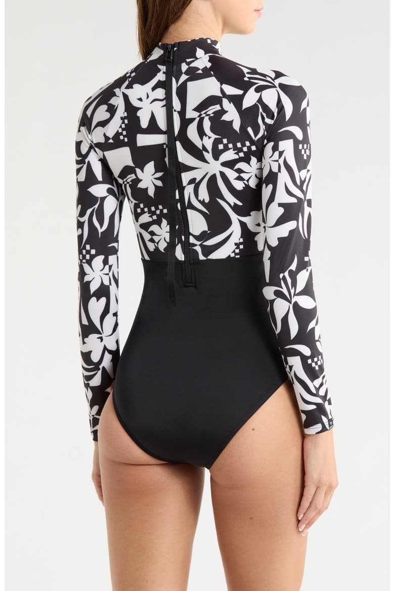 Topanga Geometric Print Embroidered Long Sleeve One-Piece Rashguard Swimsuit, Alternate, color, BLACK