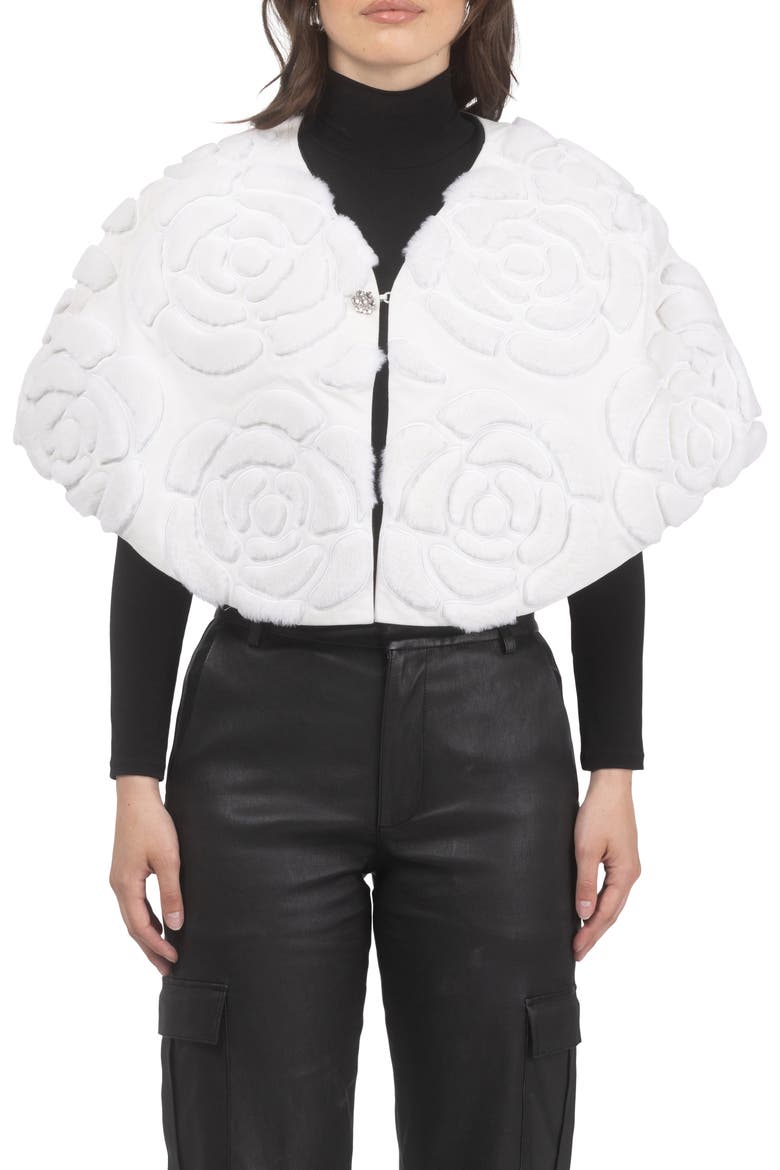 Genuine Shearling/Suede Floral Embroidered Stole Reversible To  Cashmere And Wool Blend, Main, color, WHITE/BLACK
