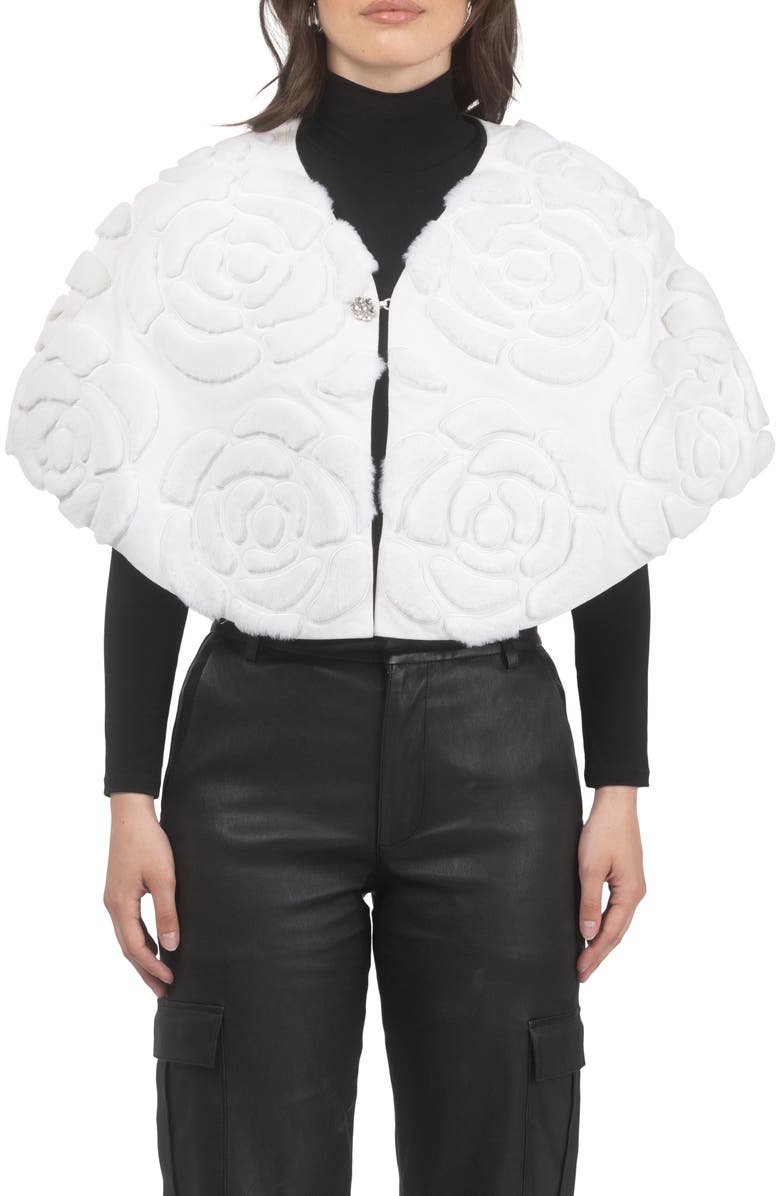 GORSKI Genuine Shearling/Suede Floral Embroidered Stole Reversible To Cashmere And Wool Blend, Main, color, White/Black