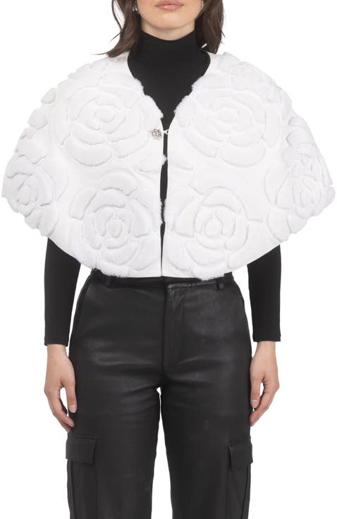 Genuine Shearling/Suede Floral Embroidered Stole Reversible To  Cashmere And Wool Blend