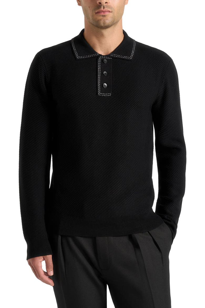 Aymeric Whipstitch Detail Long Sleeve Knit Polo Shirt, Alternate, color, Black