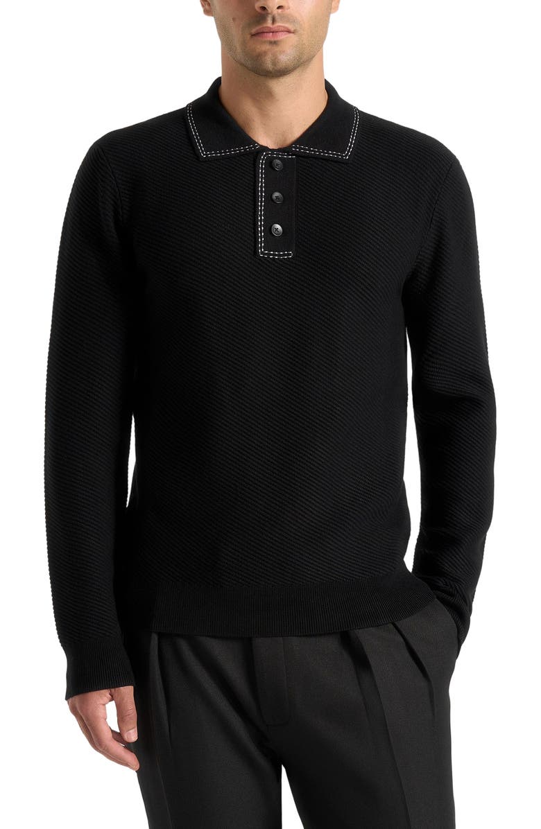 Manière De Voir Aymeric Whipstitch Detail Long Sleeve Knit Polo Shirt, Alternate, color, Black