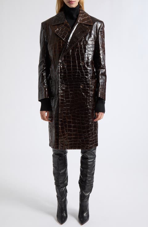 Croc Embossed Faux Leather Trench Coat
