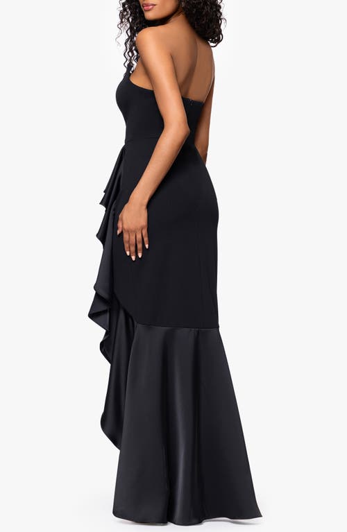 Betsy & Adam Satin Ruffle Detail Strapless Scuba Crepe Corset Gown In Black