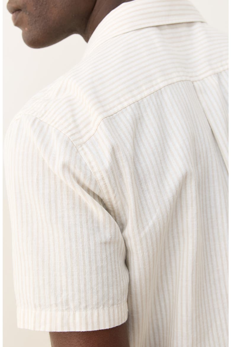 Better-Than-Linen Stripe Short Sleeve Button-Up Shirt, Alternate, color, TAN/ WHITE STRIPE