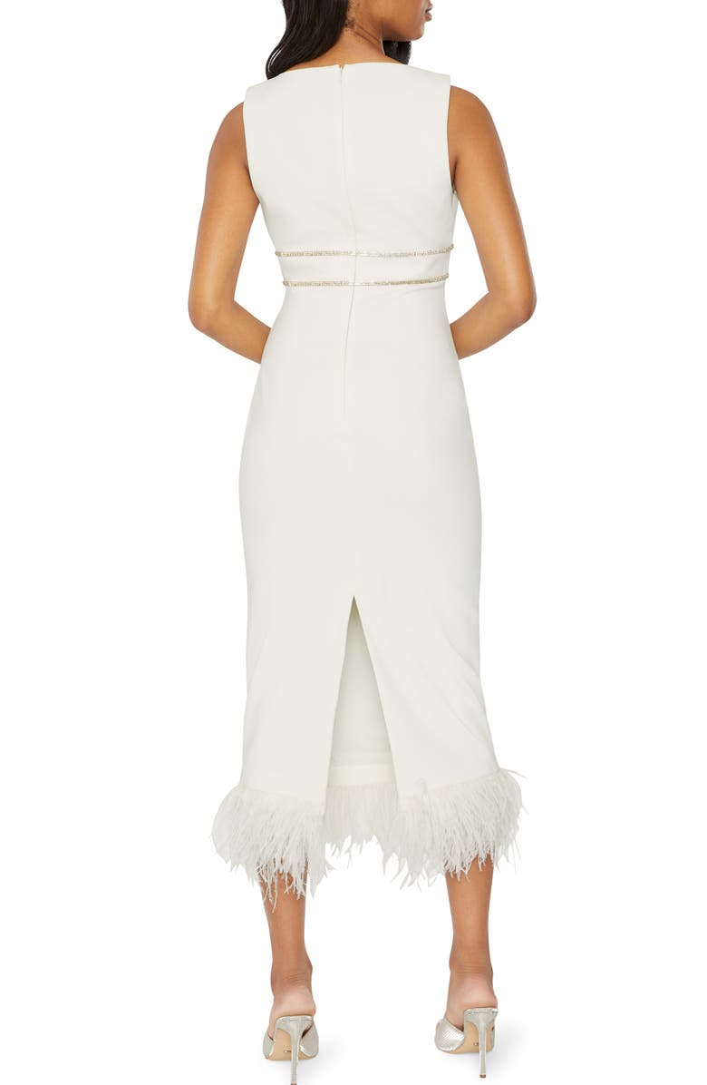 LIKELY Corianne Feather Trim Empire Waist Midi Dress, Alternate, color, White