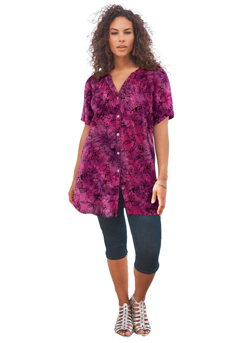Plus Size Angelina Crinkle Crepe Y-Neck Short Sleeve Tunic