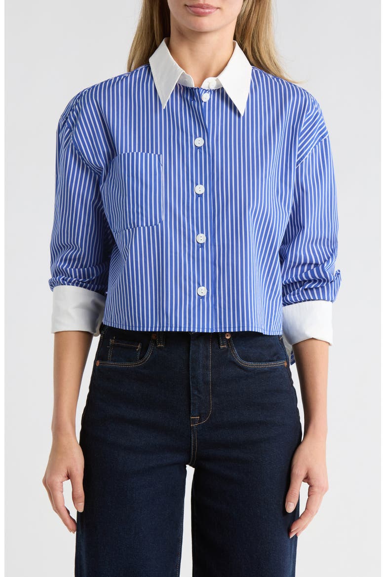 Anitra Stripe Crop Button-Up Shirt, Main, color, BLUE