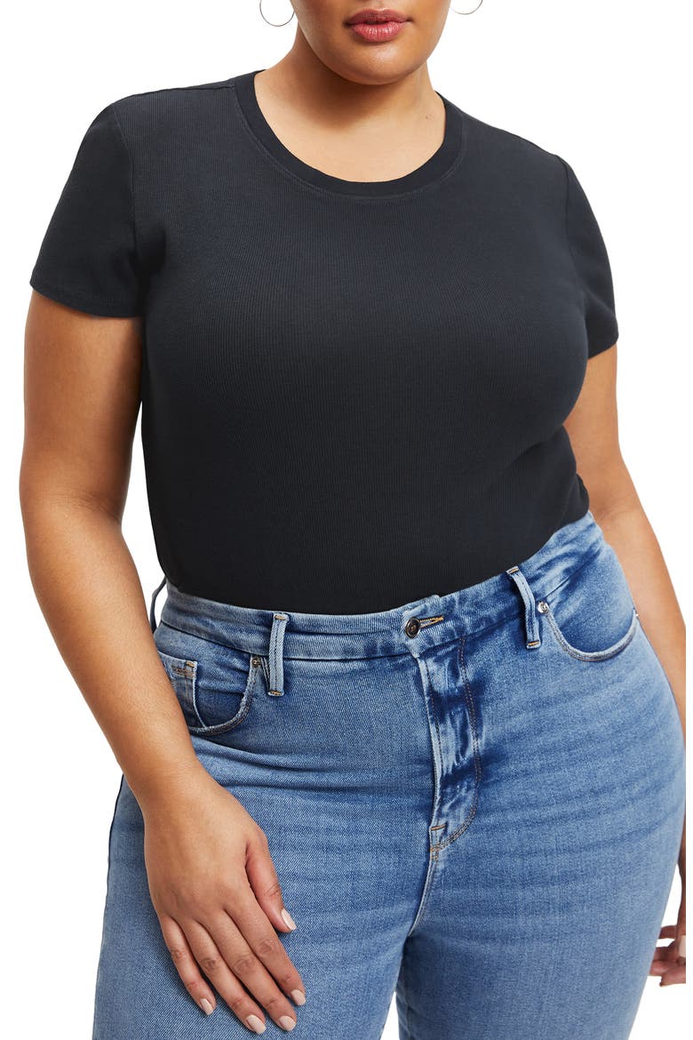Fitted Organic Cotton Blend Rib T-Shirt Bodysuit, Alternate, color, BLACK