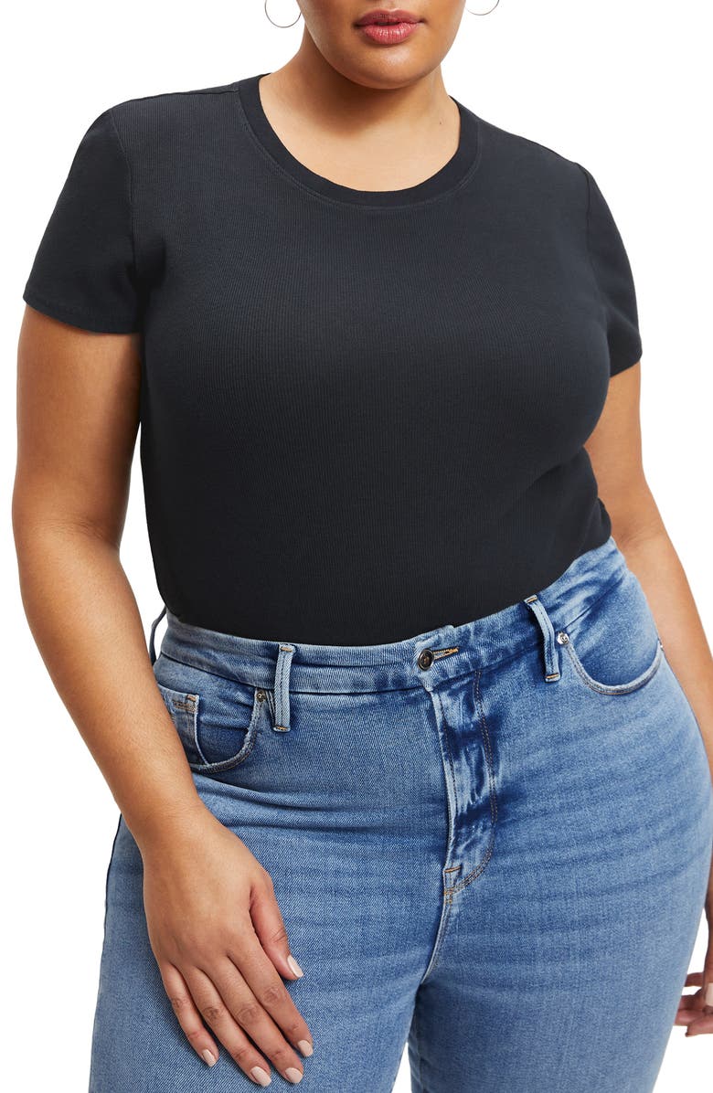 Good American Fitted Organic Cotton Blend Rib T-Shirt Bodysuit, Alternate, color,