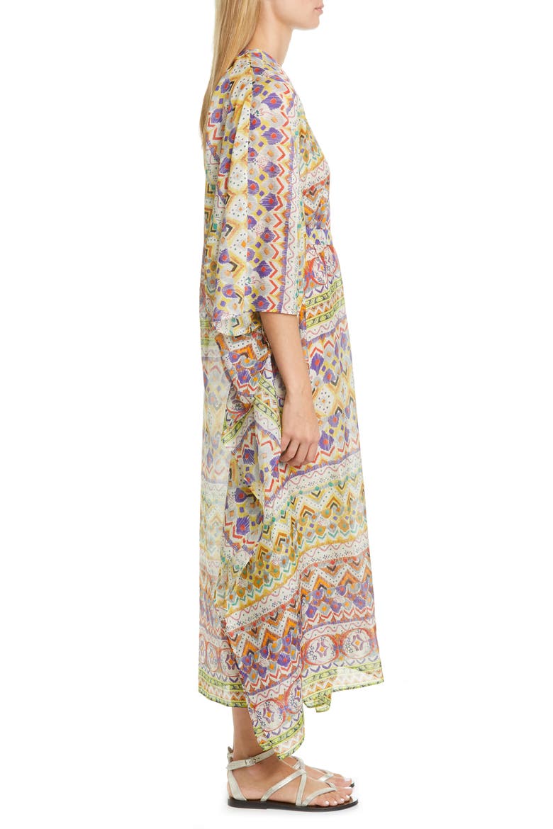 Geo Print Cotton & Silk Caftan Dress, Alternate, color, BEIGE