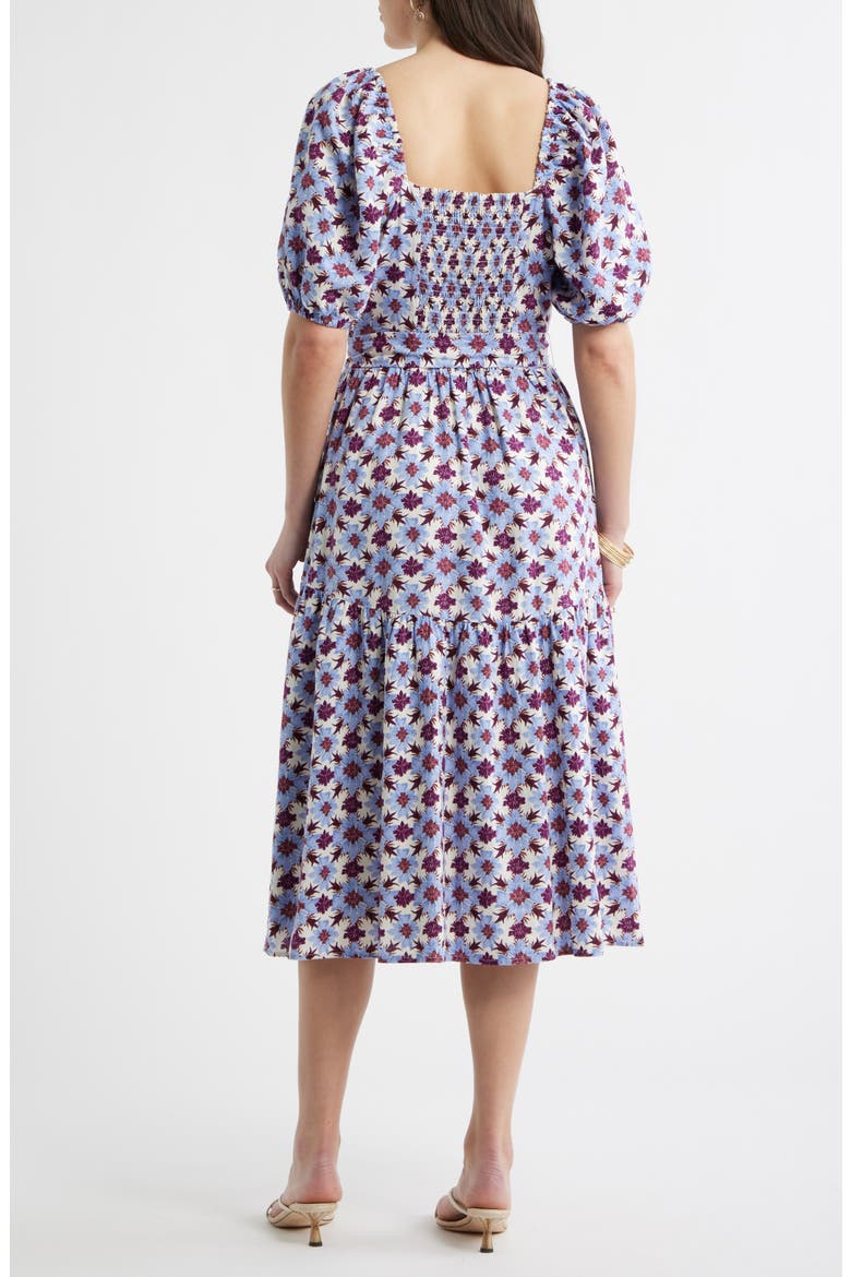 Puff Sleeve Linen Blend Midi Dress, Alternate, color, IVORY- PURPLE MILLIE TILE