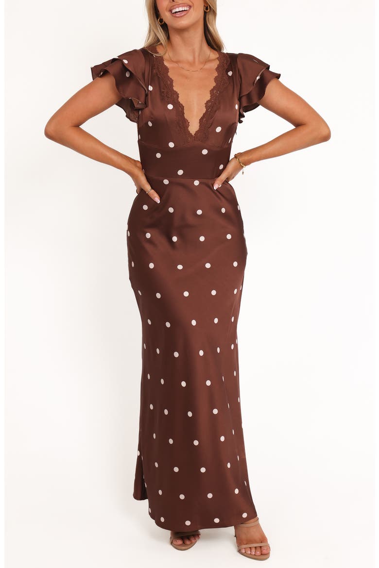 Arella Dot Satin Maxi Dress, Main, color, BROWN POLKA DOT
