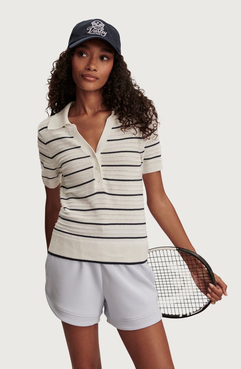 Varley Wren Stripe Cotton Blend Pointelle Polo Sweater, Alternate, color, White / Blue Nights