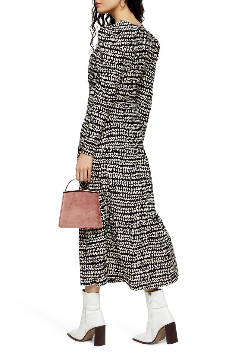 Abstract Tiered Long Sleeve Midi Dress, Alternate, color, BLACK MULTI
